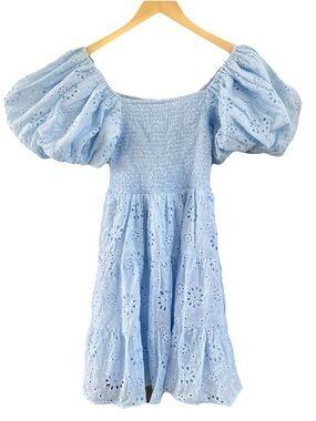 Princess Polly Light Blue Eyelet Puff Sleeve Smocked Tiered Mini Dress 4 Boho